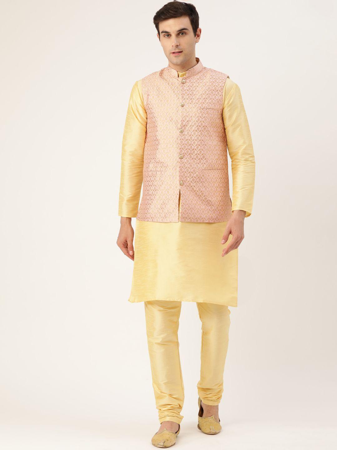 sojanya men golden & pink solid kurta with churidar & nehru jacket