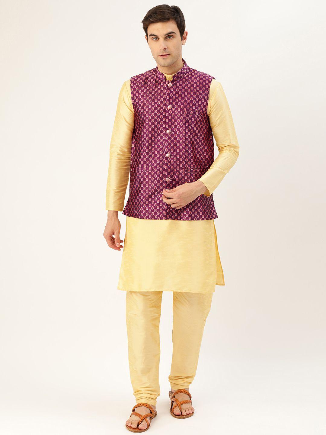 sojanya men golden & purple solid kurta with churidar & nehru jacket