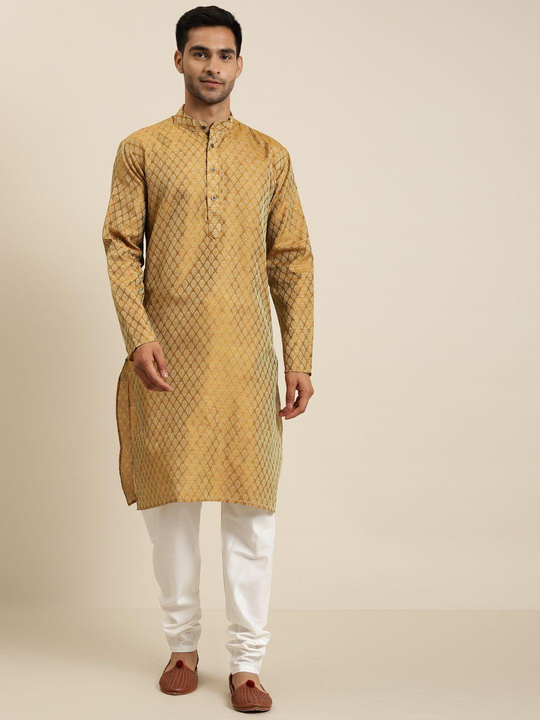 sojanya men golden & white woven design kurta with churidar
