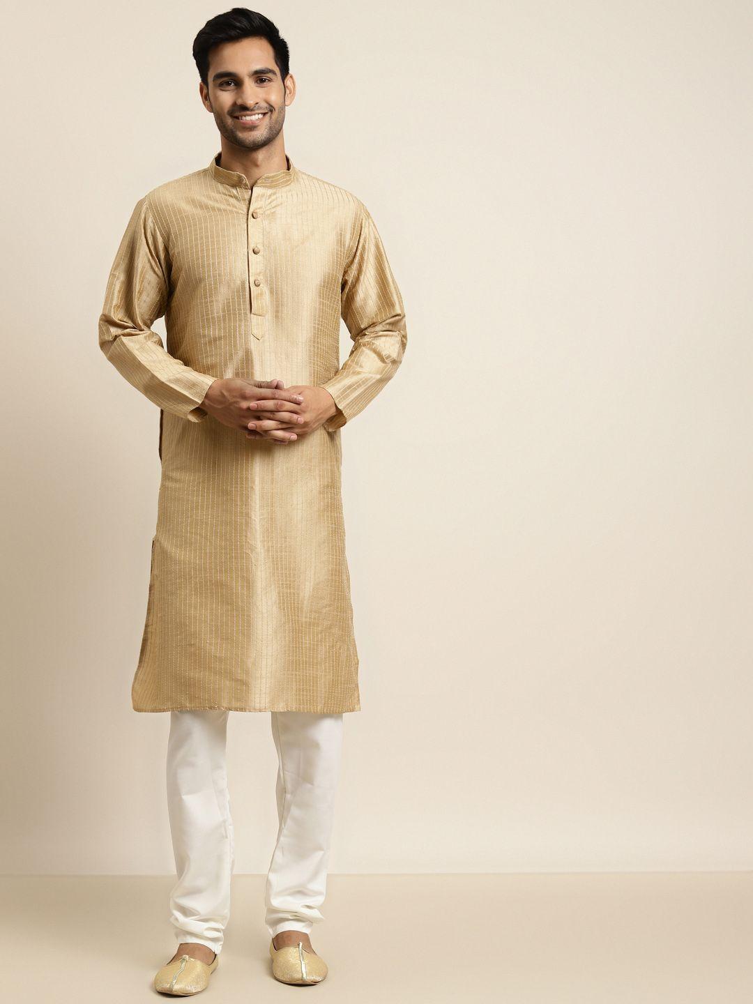 sojanya men golden and white solid regular kurta with churidar