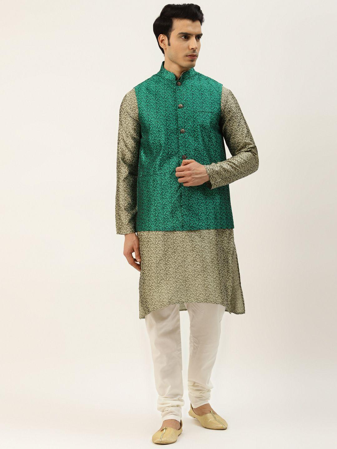 sojanya men green & beige ethnic motifs woven design kurta with churidar & nehru jacket