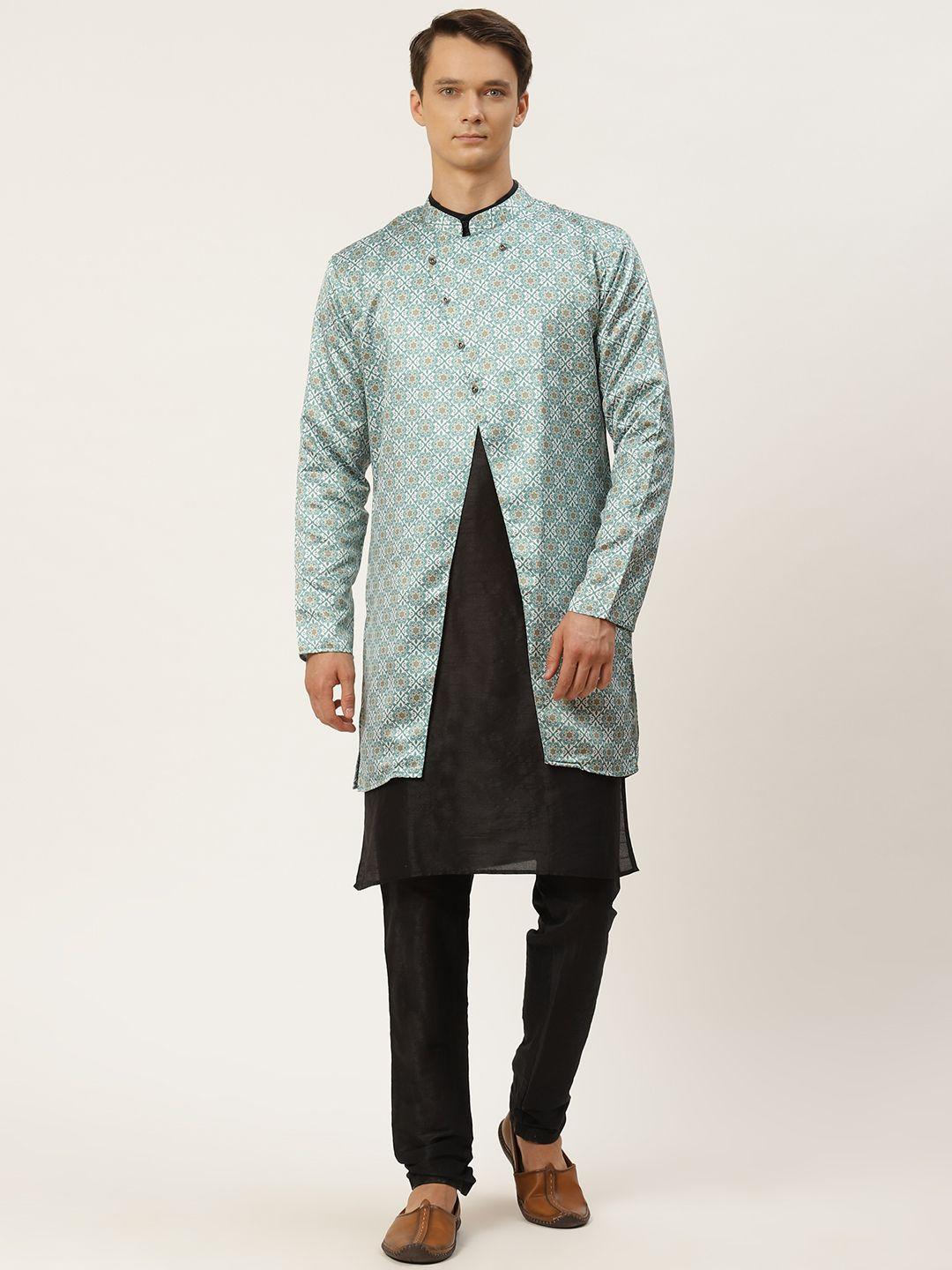 sojanya men green & black ethnic motifs print kurta & churidar with tailored jacket