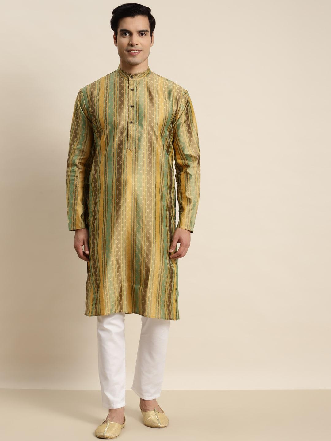 sojanya men green & brown ethnic motifs printed jacquard kurta