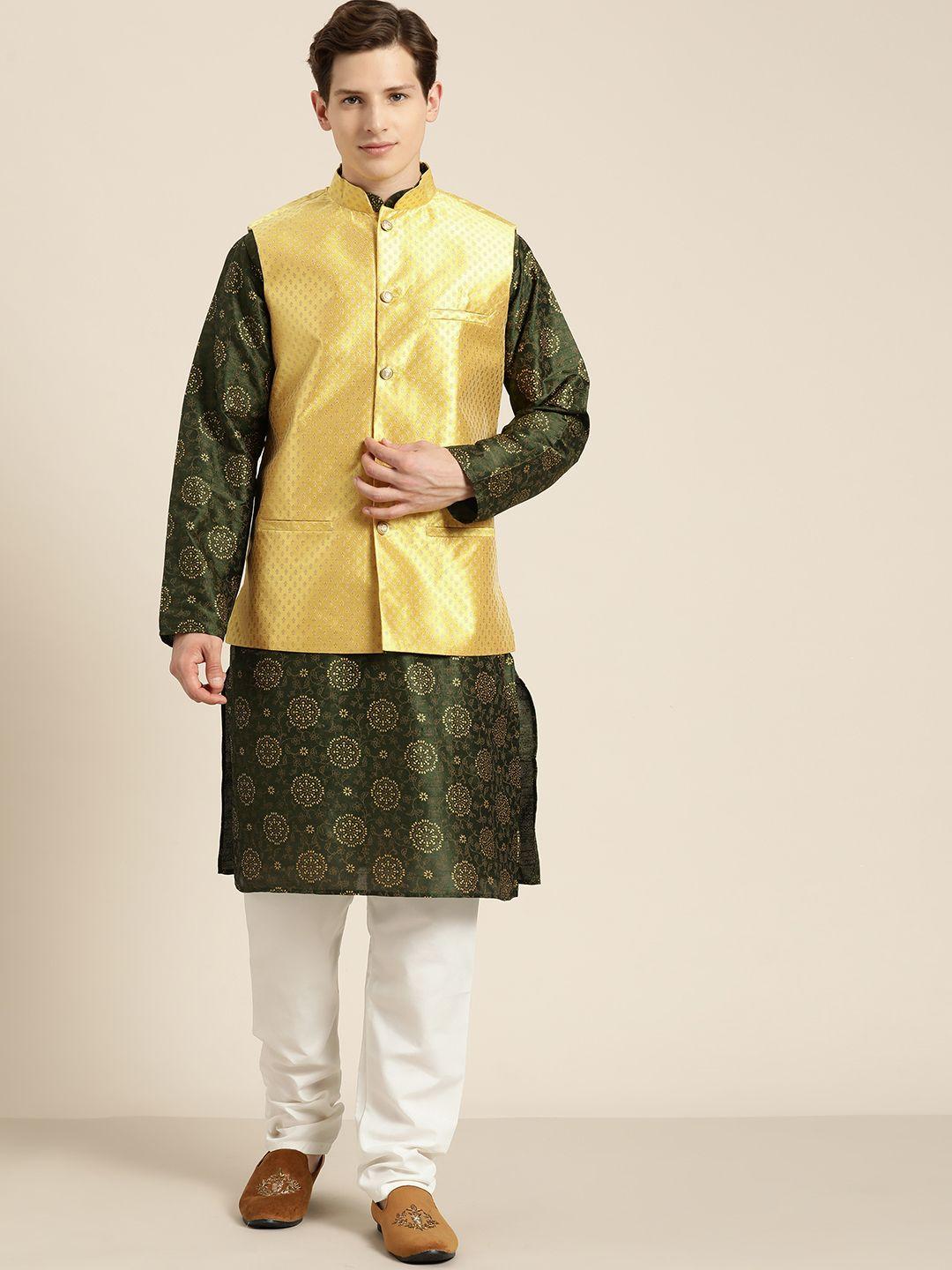 sojanya men green & gold floral straight kurta churidar & woven design nehru jacket