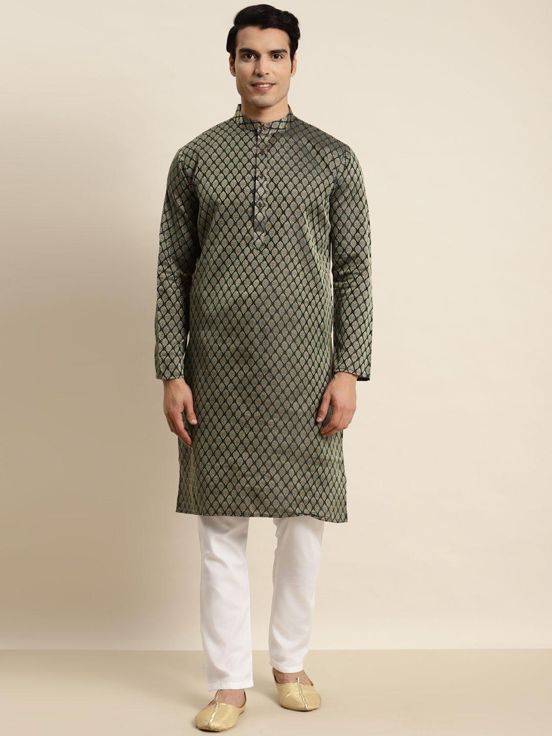 sojanya men green & gold-toned ethnic motifs jacquard kurta