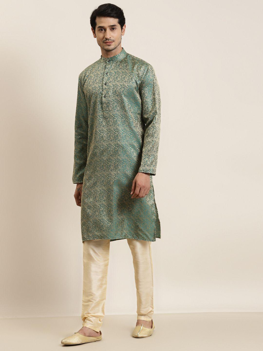 sojanya men green & golden ethnic motifs kurta
