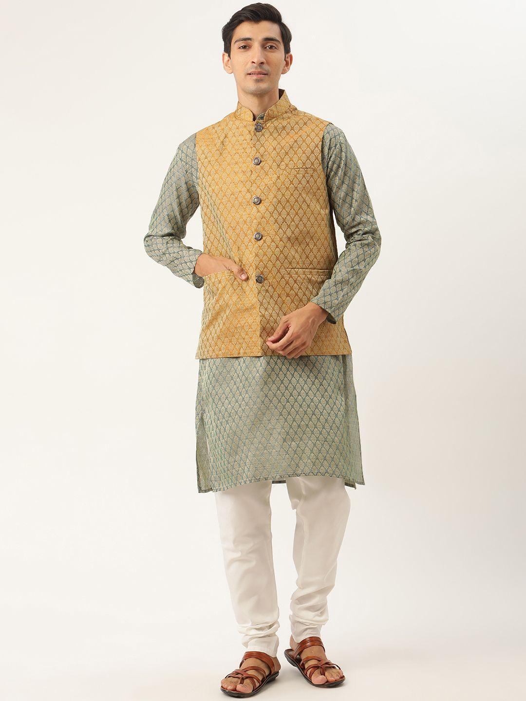 sojanya men green & mustard yellow ethnic motifs kurta with churidar & nehru jacket