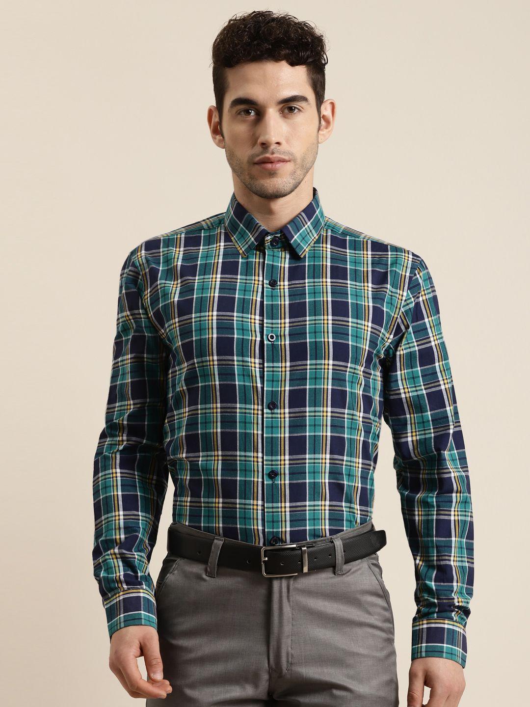 sojanya men green & navy blue classic regular fit checked pure cotton formal shirt