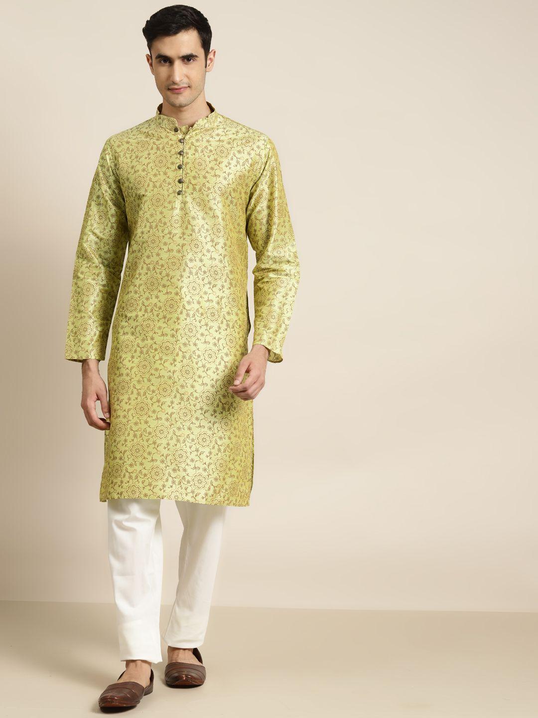 sojanya men green & off-white printed kurta with churidar