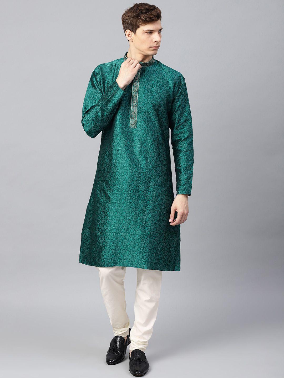 sojanya men green & off-white self design kurta with churidar