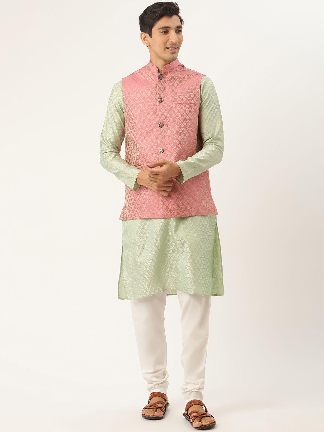 sojanya men green & pink ethnic motifs kurta with churidar & nehru jacket