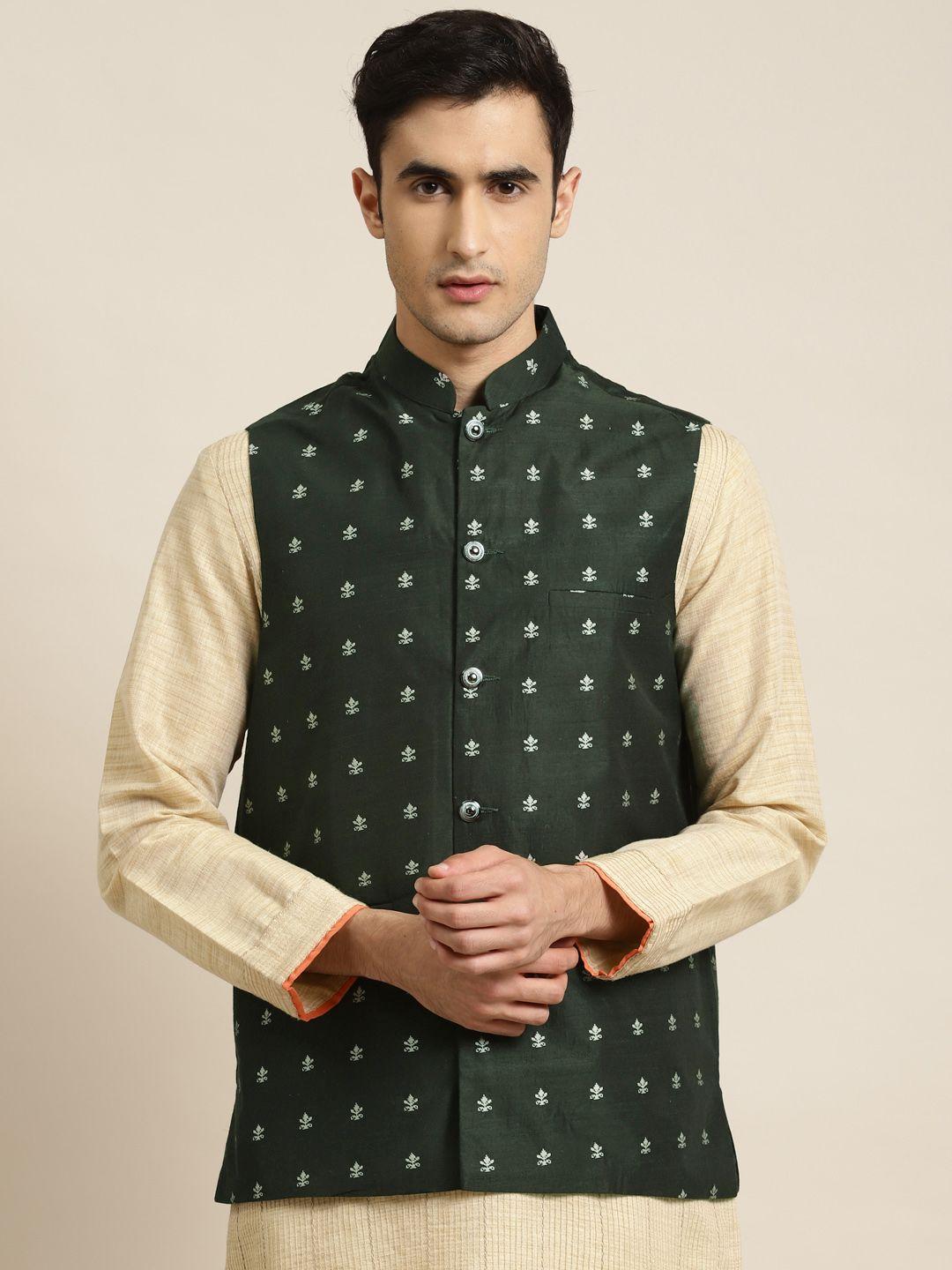 sojanya men green & silver woven design nehru jacket