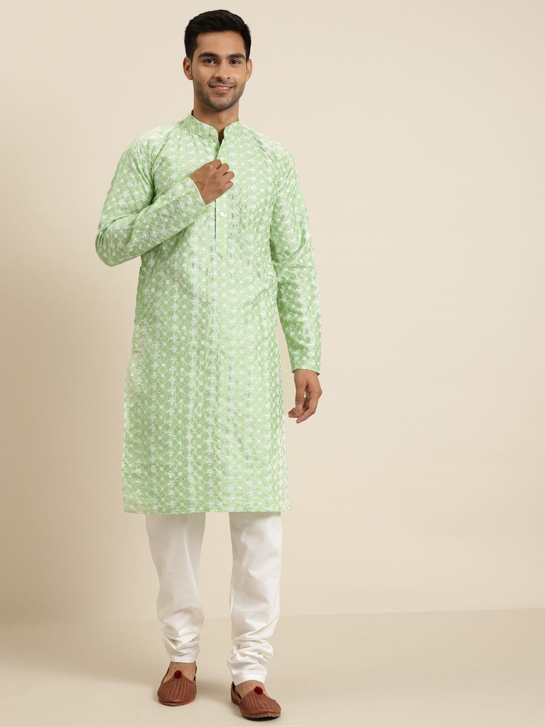 sojanya men green & white embroidered kurta with churidar