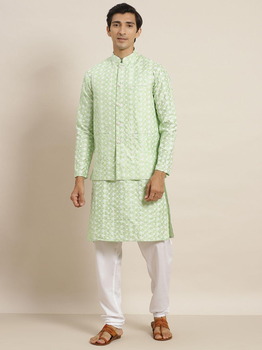 sojanya men green & white floral embroidered kurta set & nehru jacket