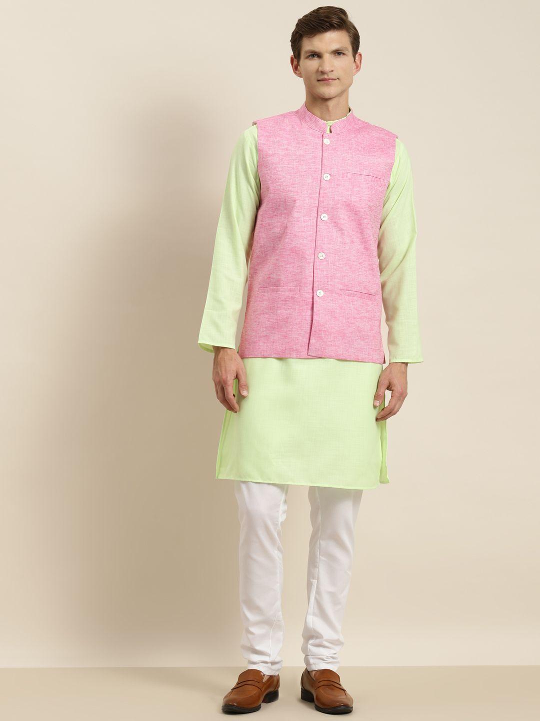 sojanya men green & white solid kurta with churidar & nehru jacket