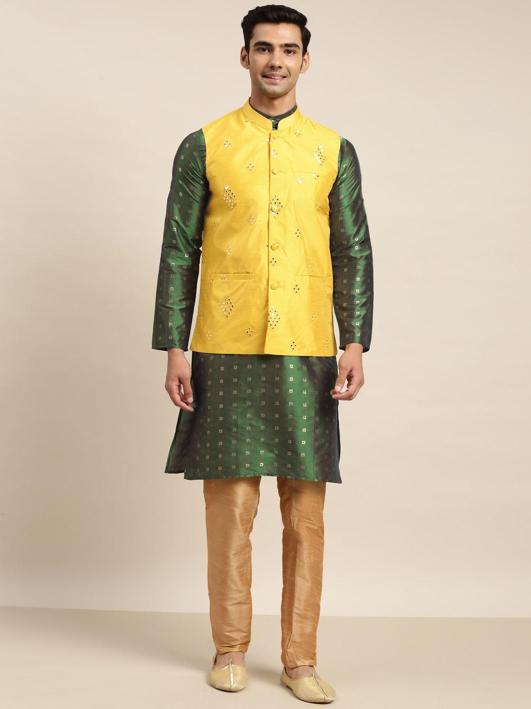 sojanya men green embroidered mirror work kurta with churidar & nehru jacket