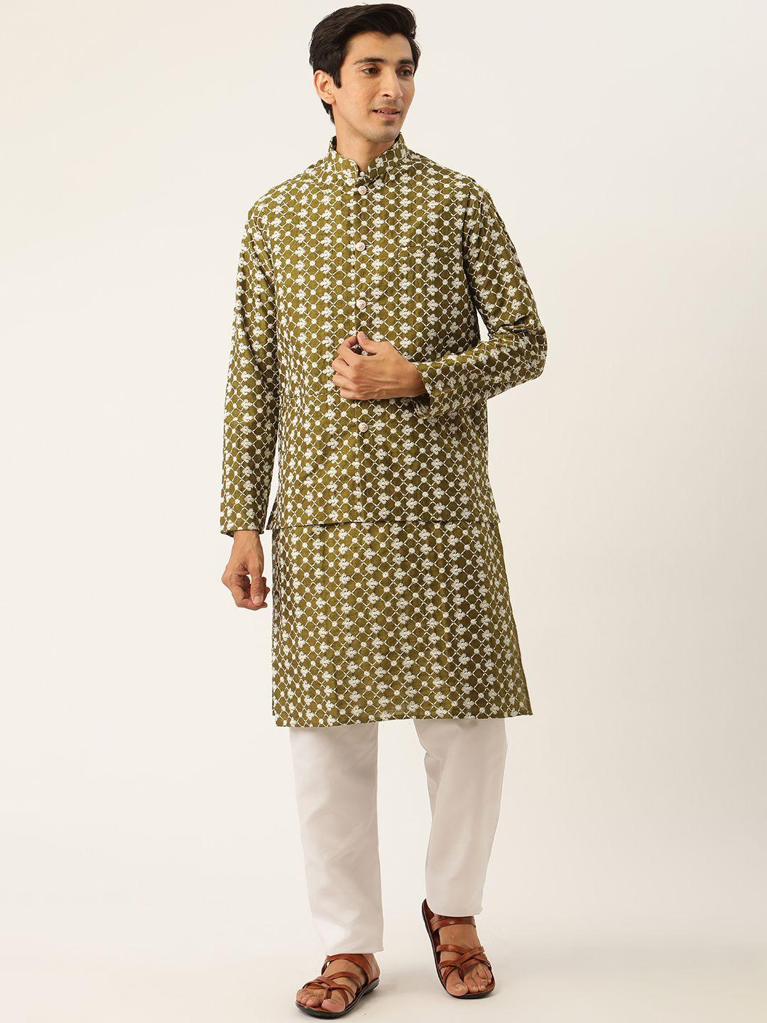 sojanya men green ethnic motifs embroidered kurta set with nehru jacket