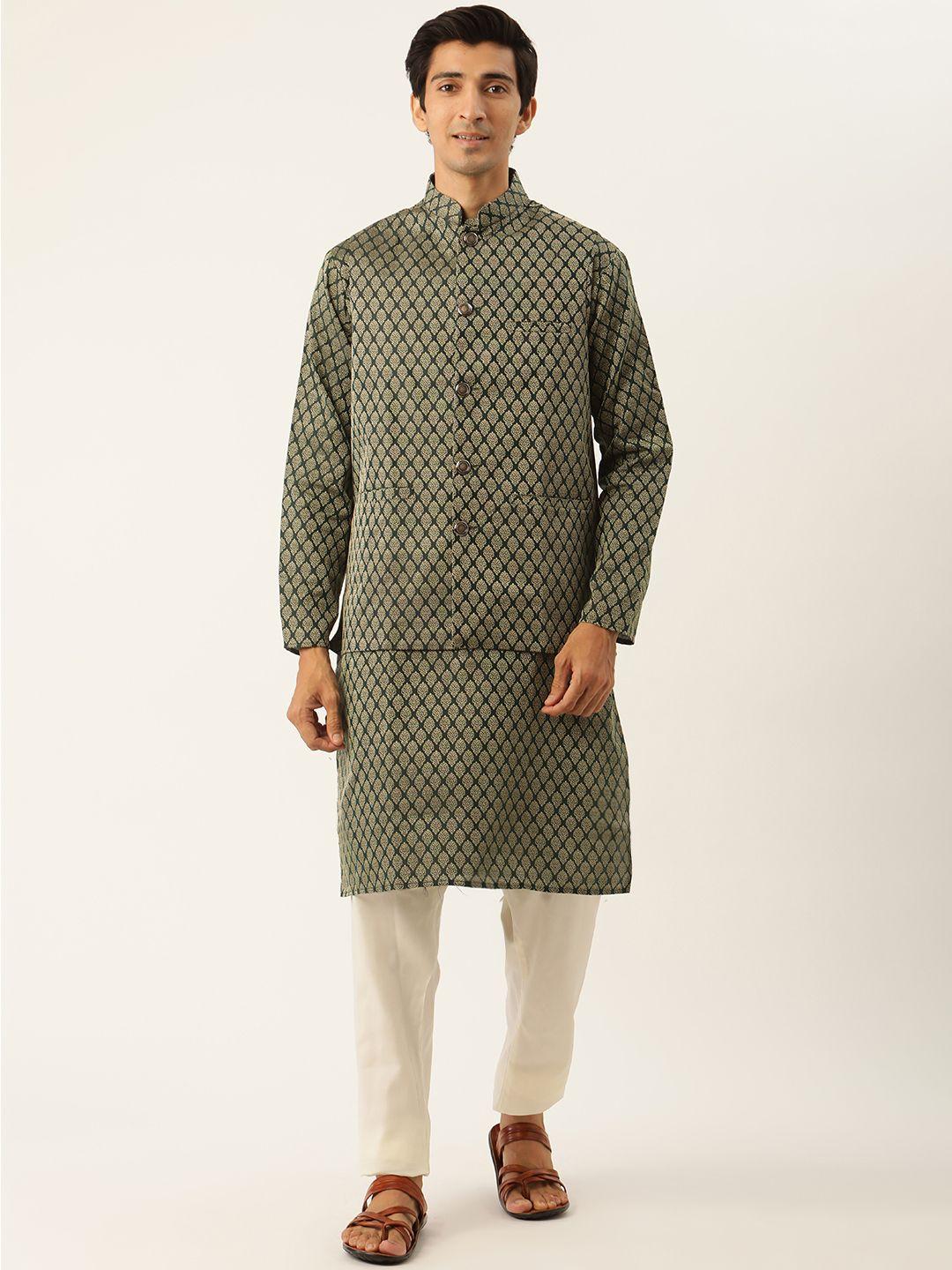 sojanya men green ethnic motifs kurta with churidar & nehru jacket