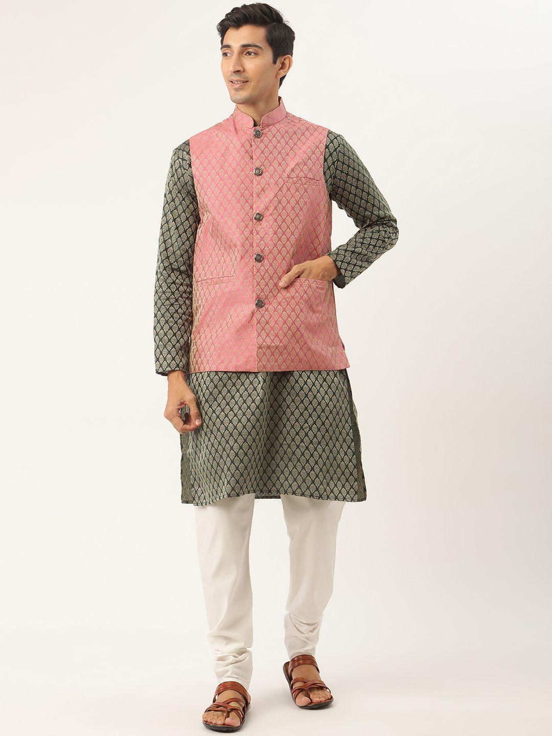 sojanya men green ethnic motifs kurta with churidar & nehru jacket