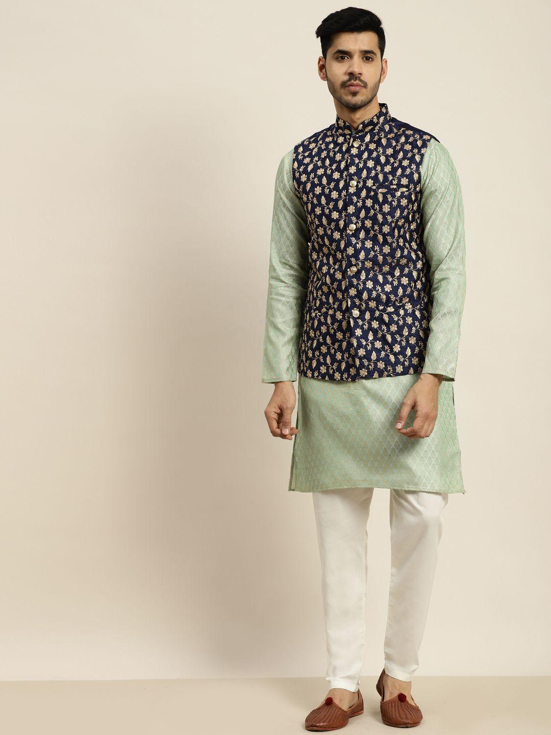 sojanya men green ethnic motifs kurta with pyjamas & nehru jacket