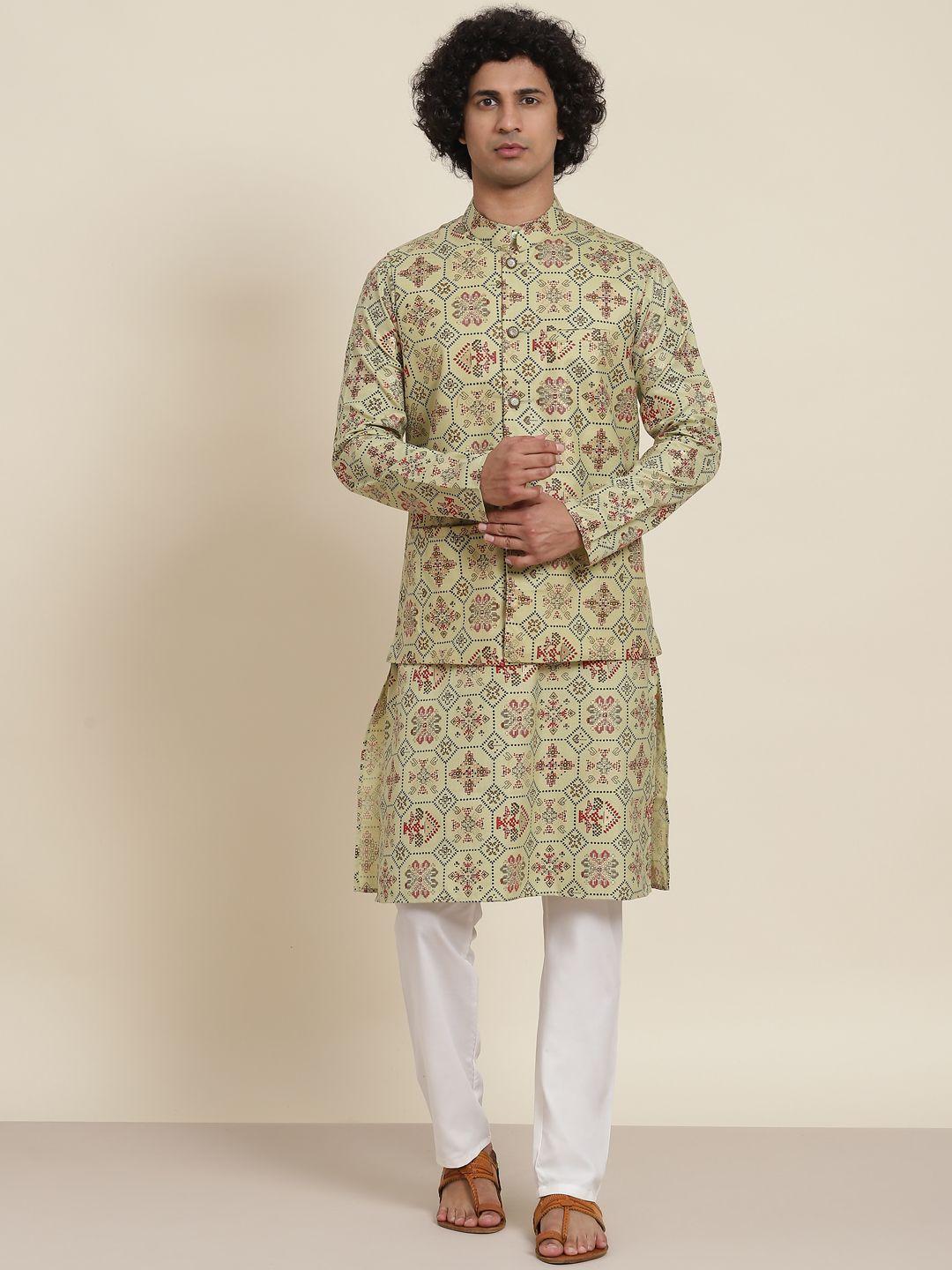sojanya men green ethnic motifs printed kurta with pyjamas & nehru jacket