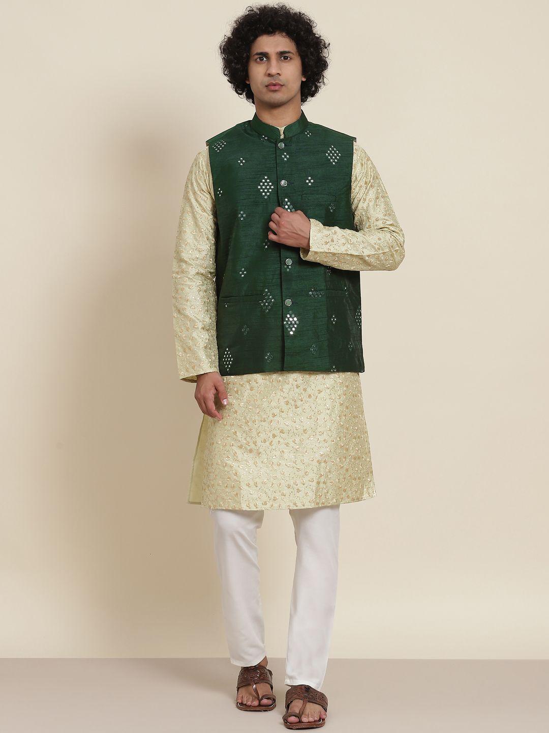 sojanya men green floral embroidered sequinned kurta with pyjamas & nehru jacket