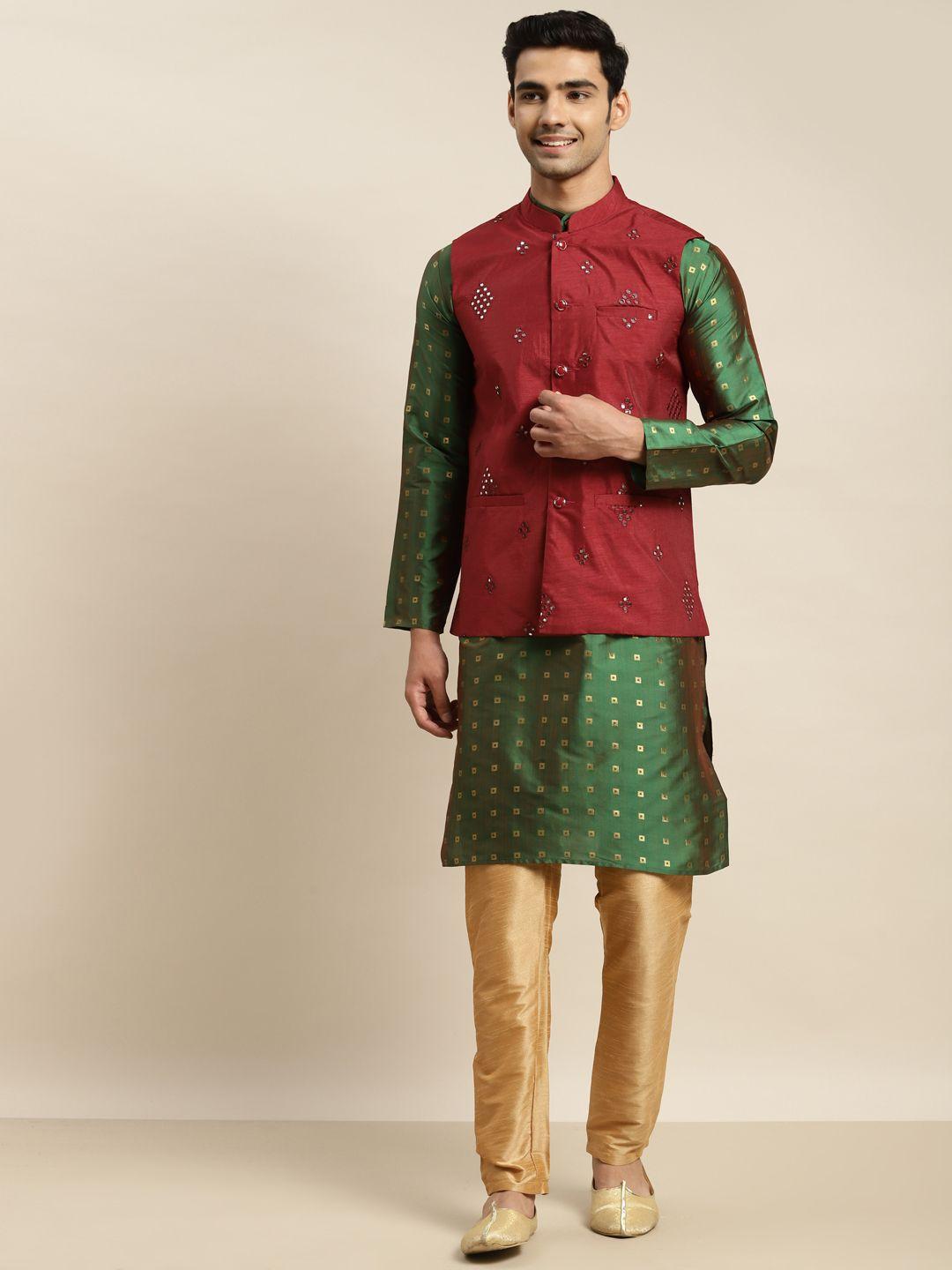 sojanya men green mirror work kurta with churidar & nehru jacket