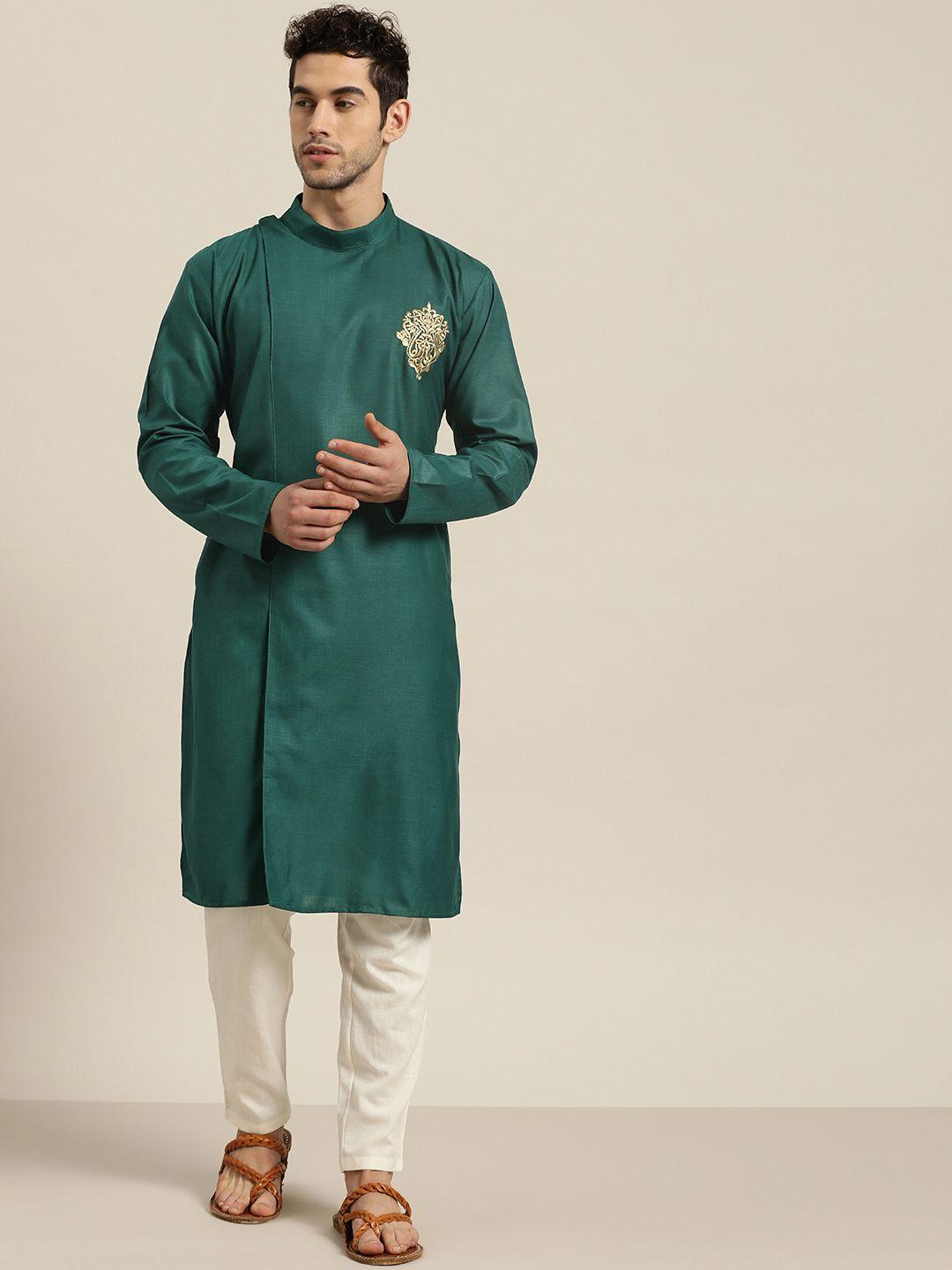 sojanya men green solid pure cotton kurta