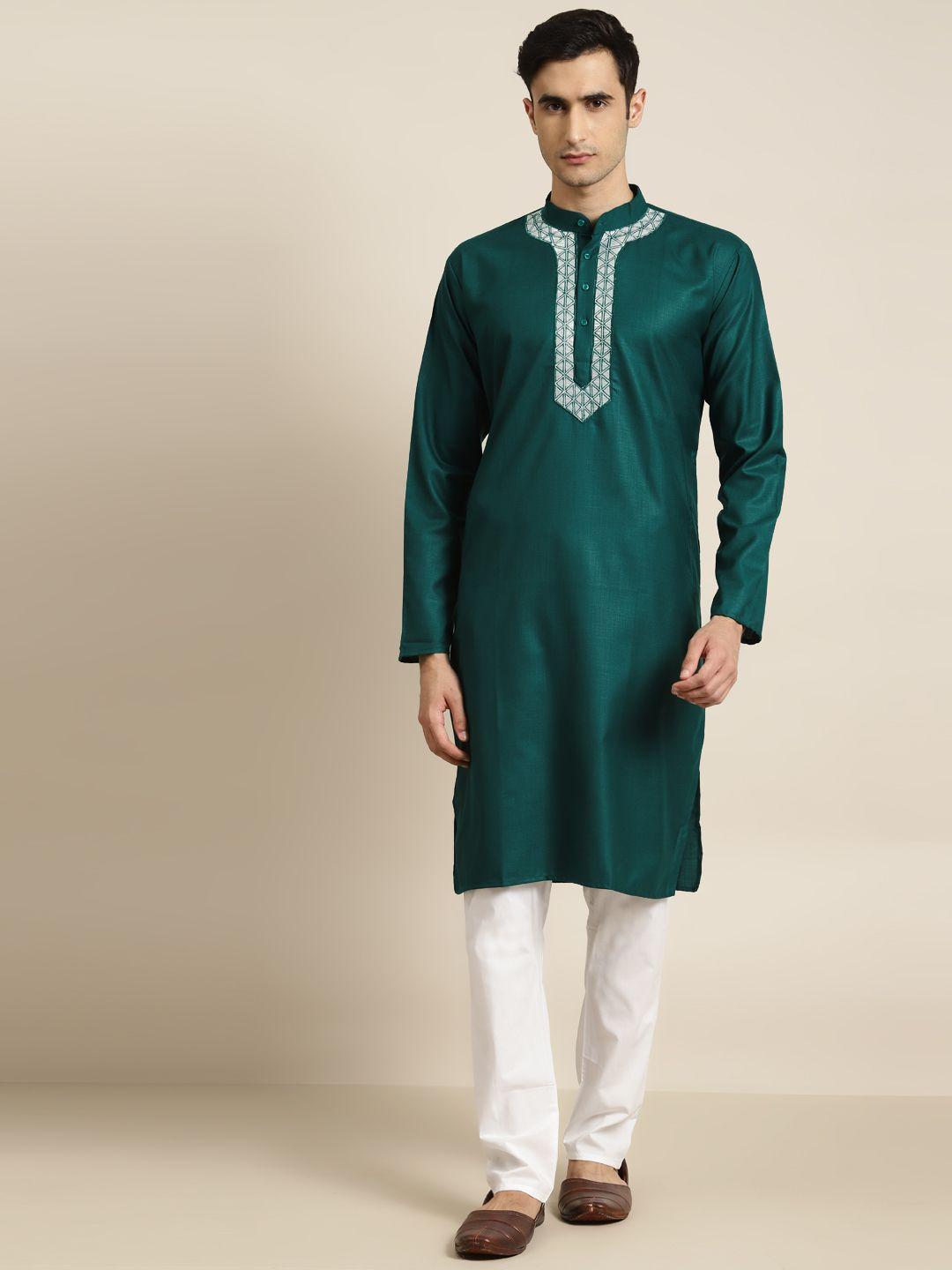 sojanya men green solid pure cotton kurta