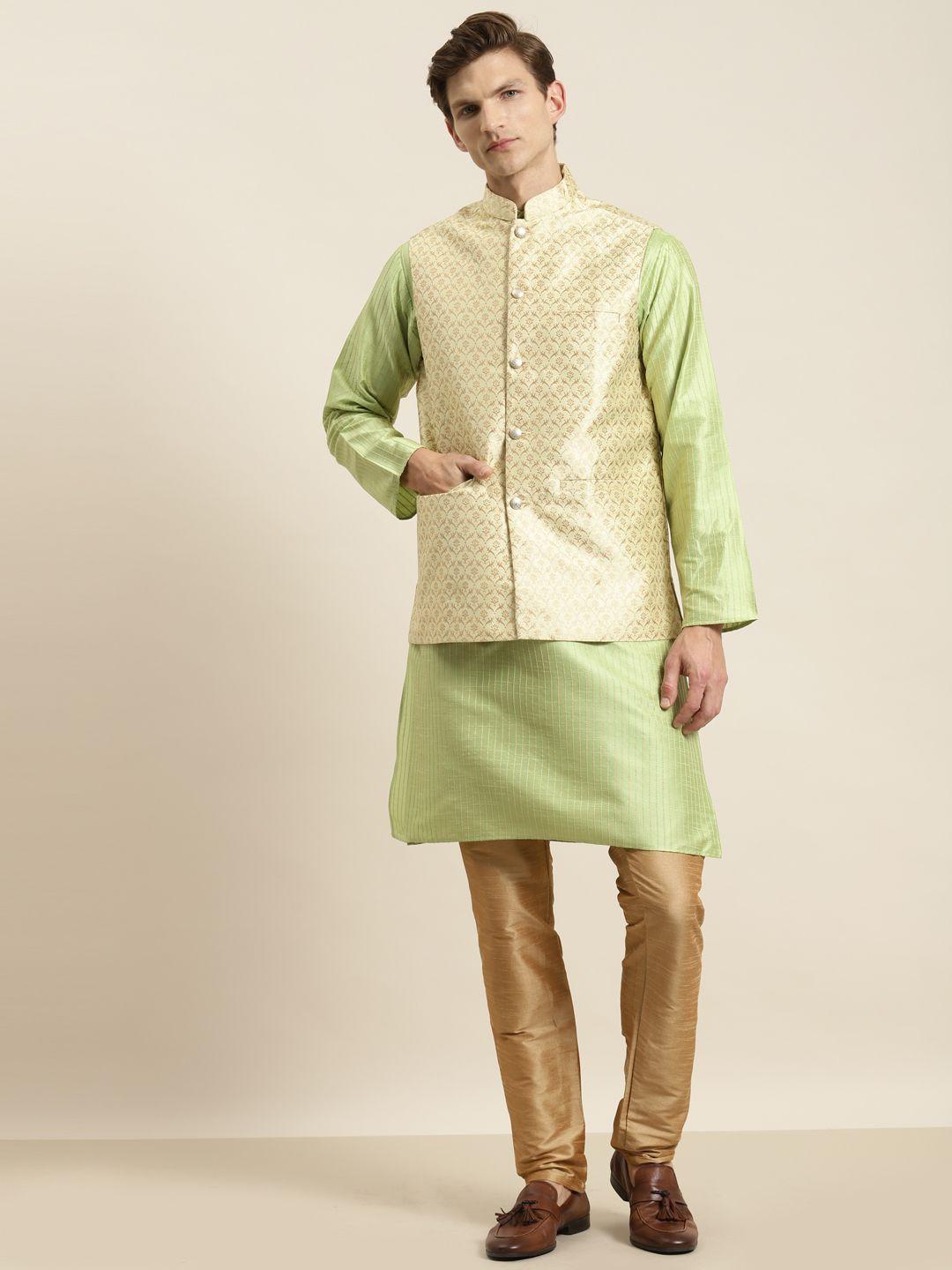 sojanya men green striped kurta with churidar & nehru jacket