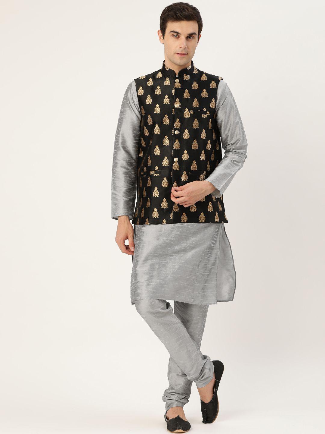 sojanya men grey & black solid kurta with churidar & nehru jacket
