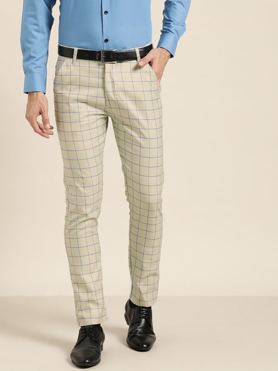 sojanya men grey & blue smart fit checked formal trousers