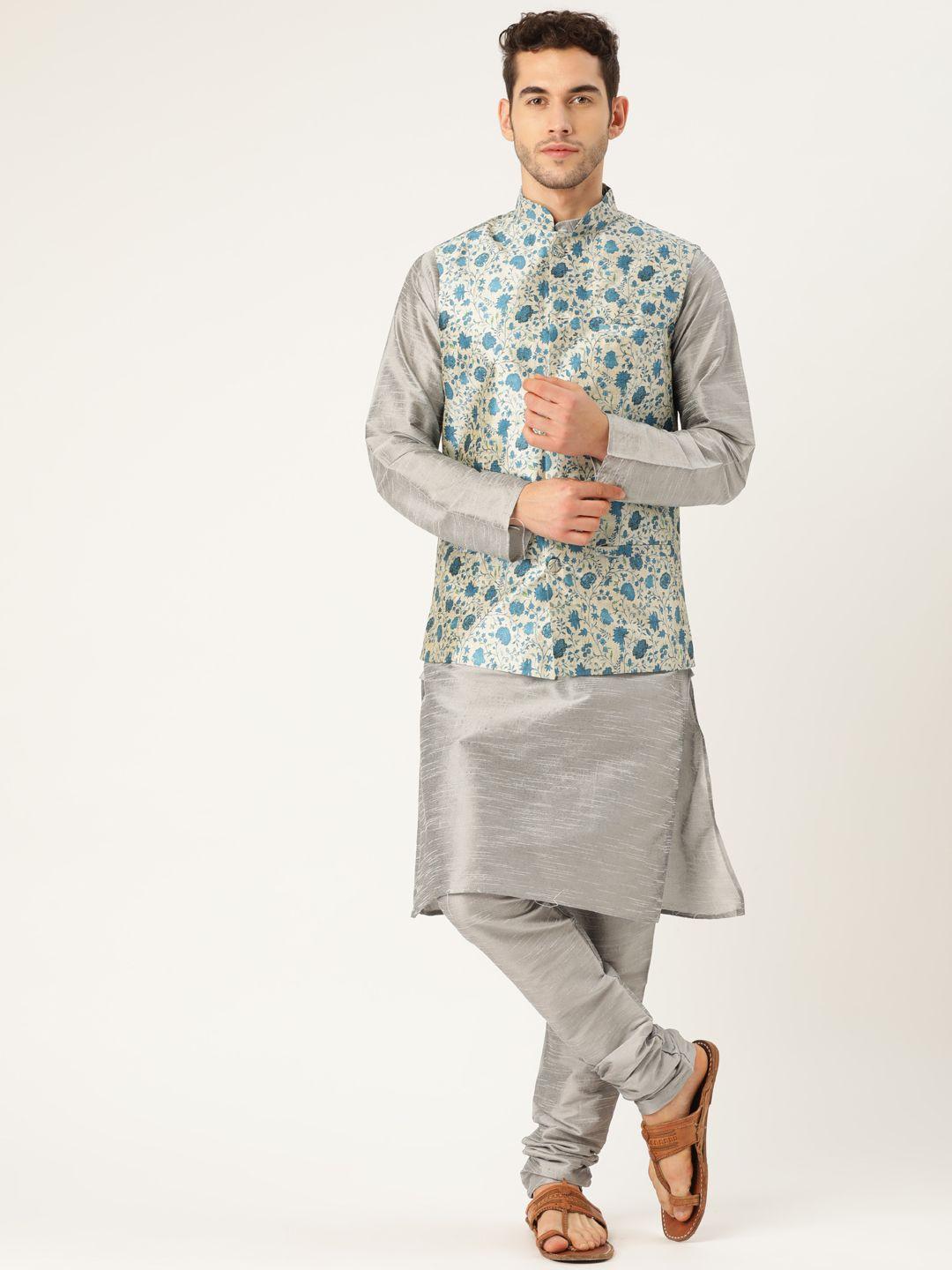 sojanya men grey & blue solid kurta set with nehru jacket