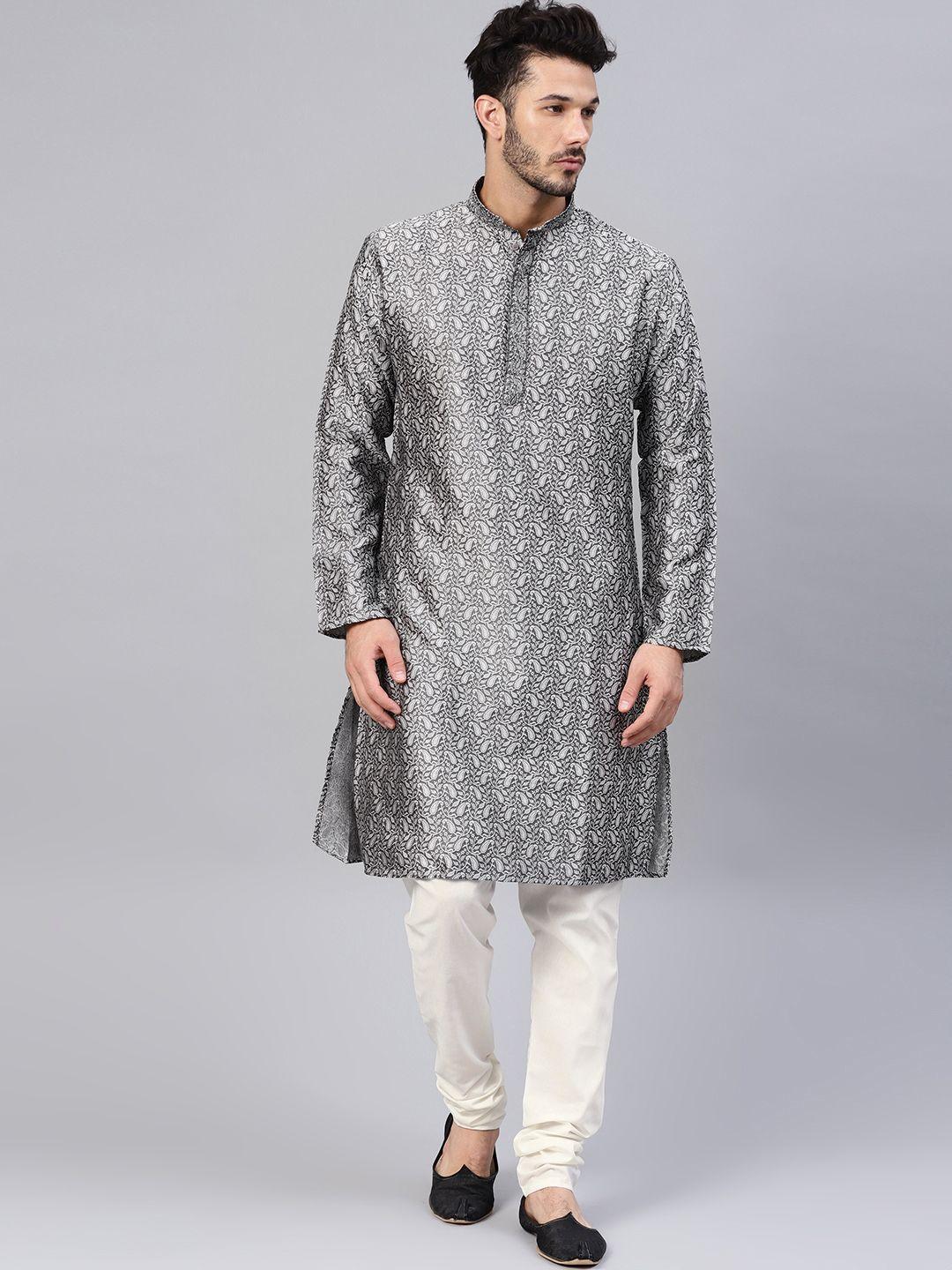 sojanya men grey & off-white self design kurta with churidar