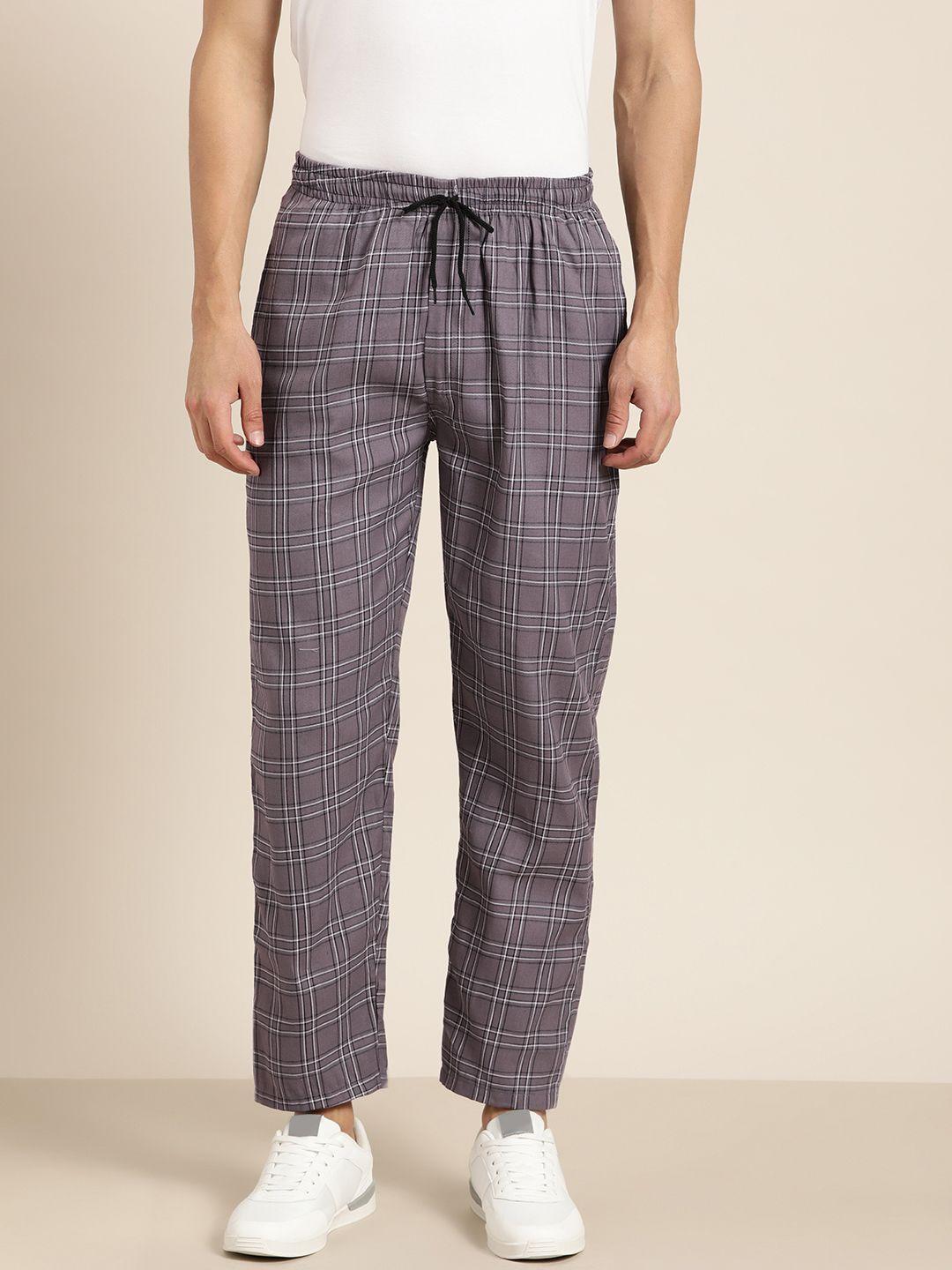 sojanya men grey & white checked regular fit cotton track pants