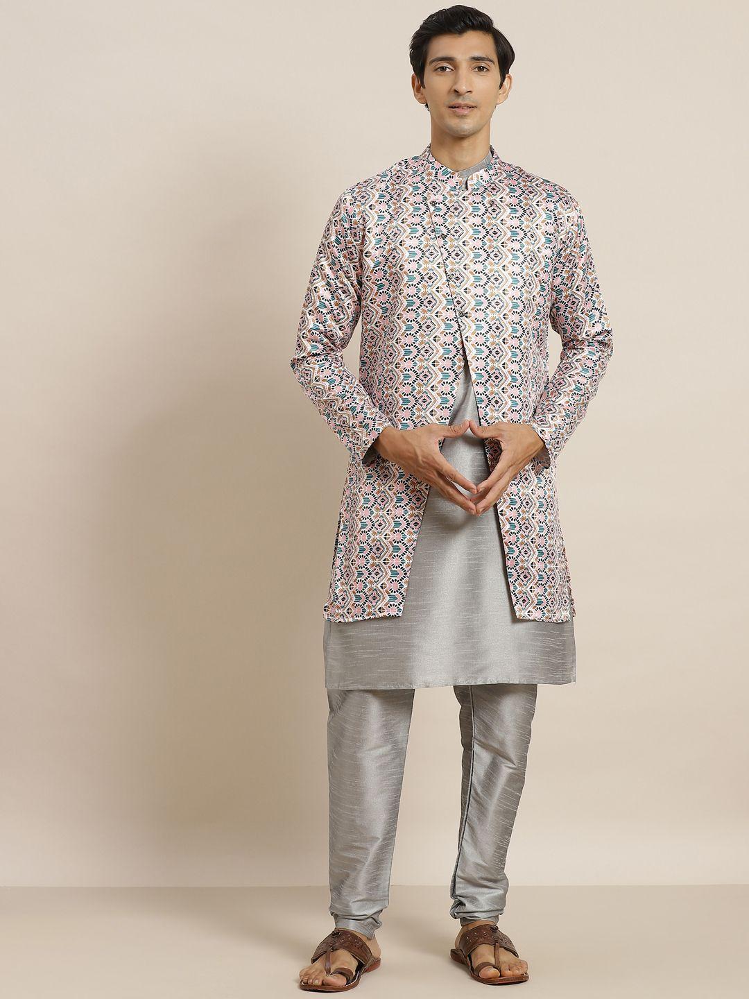 sojanya men grey & white solid kurta with churidar & ethnic printed jacket