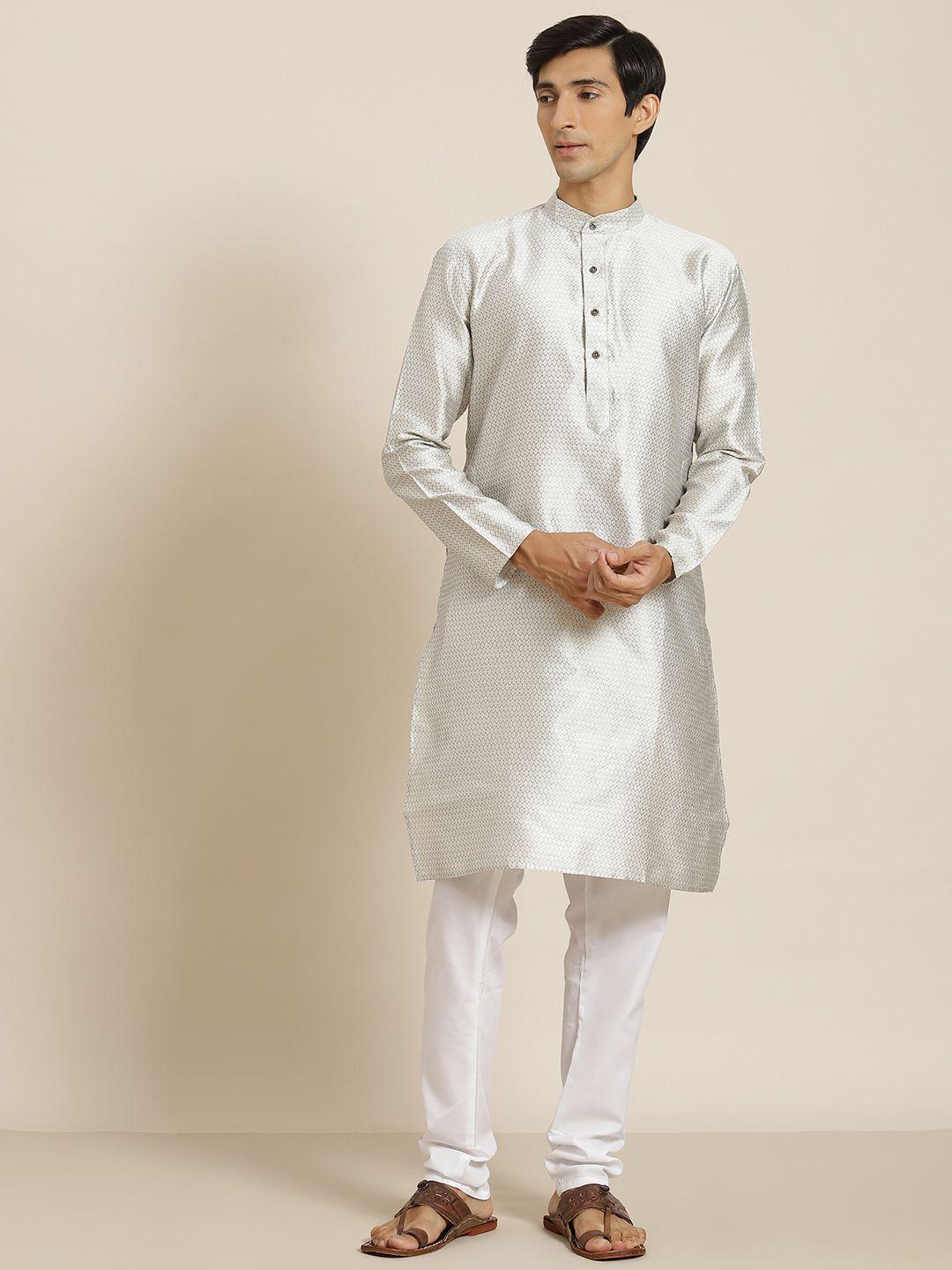 sojanya men grey ethnic motifs woven design kurta with churidar