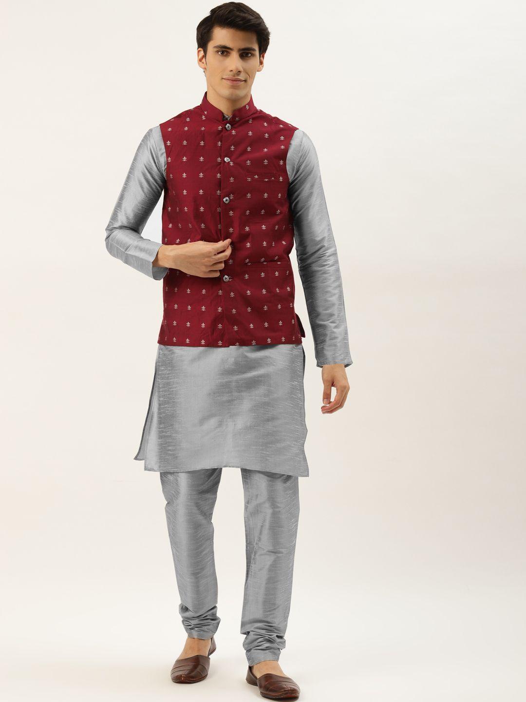 sojanya men grey melange solid kurta set with printed jacket