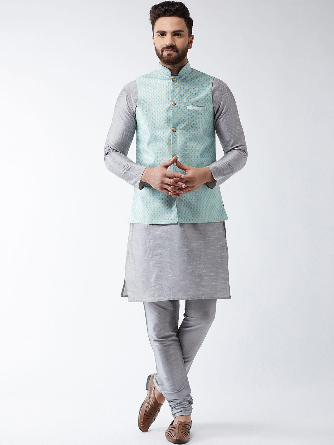 sojanya men grey solid kurta set & nehru jacket