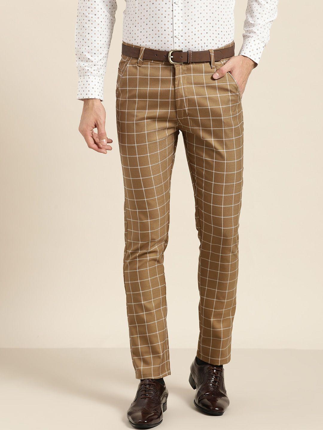 sojanya men khaki & off-white smart fit checked formal trousers