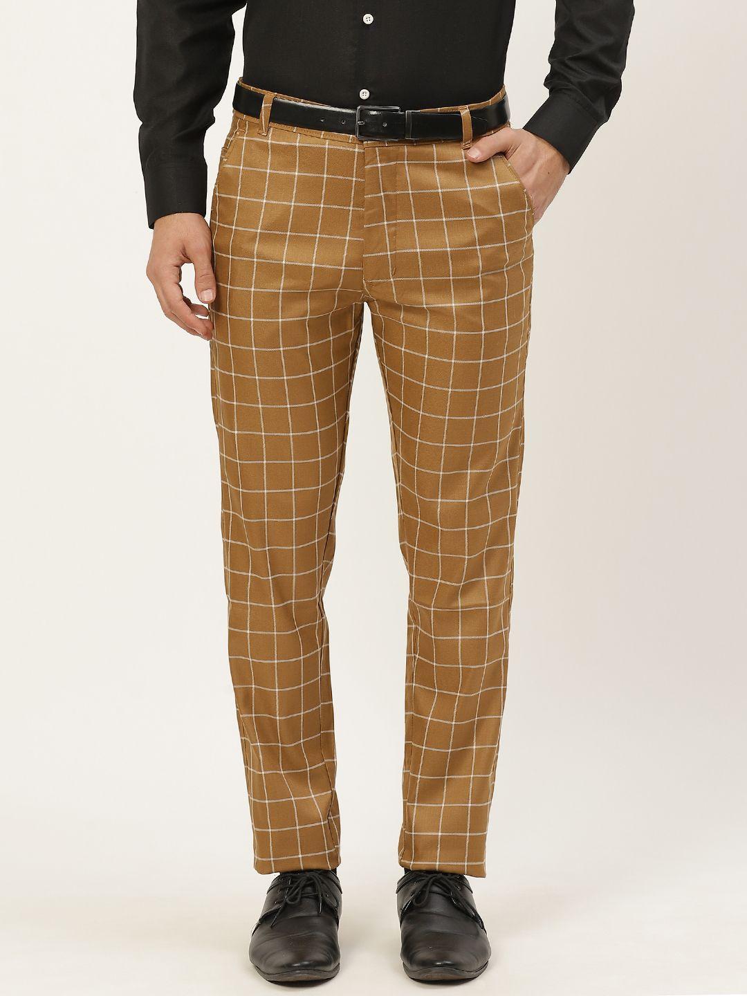 sojanya men khaki checked formal trousers