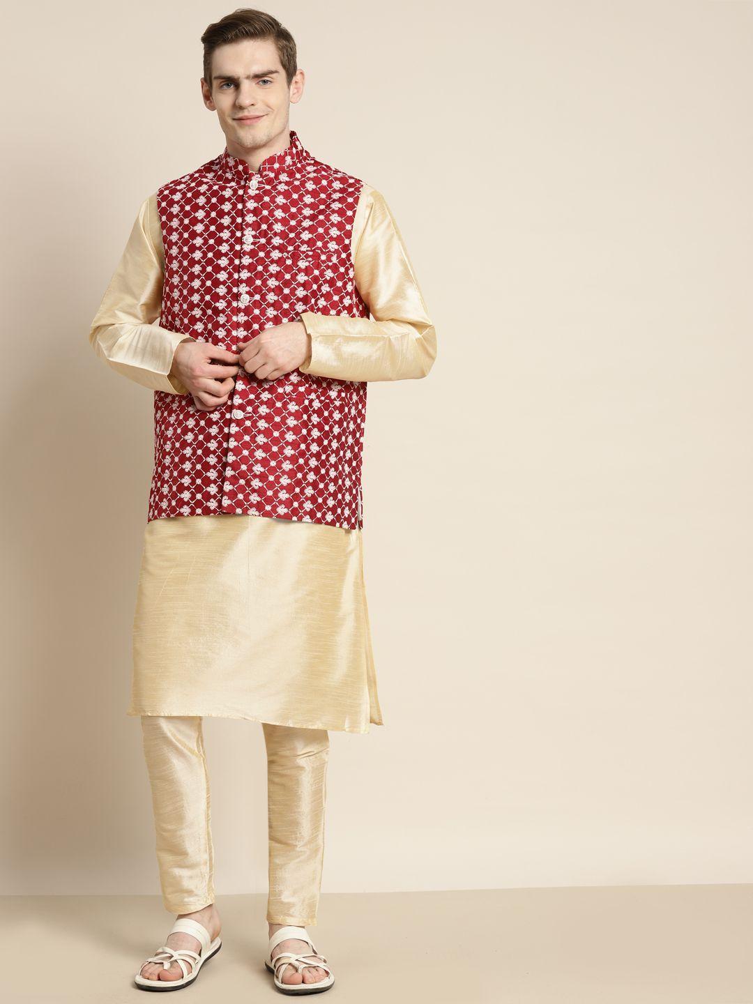 sojanya men kurta with churidar & ethnic motifs embroidered nehru jacket