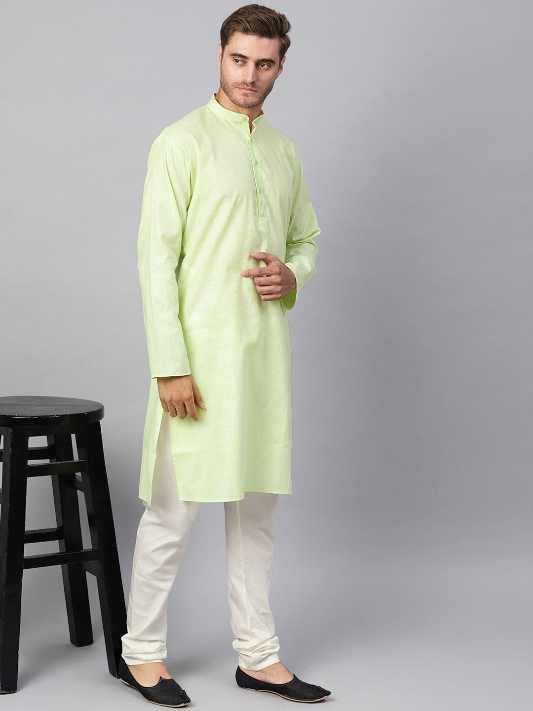 sojanya men lime green & off-white solid kurta with churidar