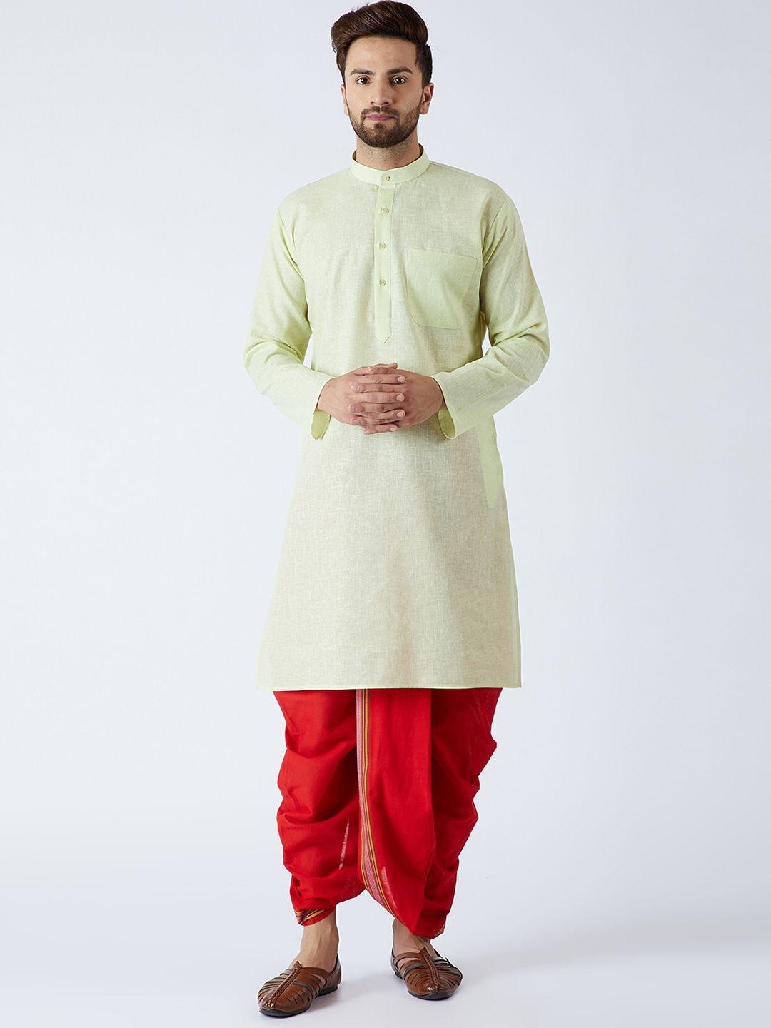 sojanya men lime green & red solid kurta with dhoti pants