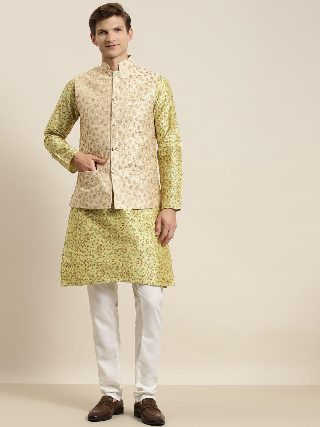 sojanya men lime green ethnic motifs printed kurta with pyjamas & nehru jacket