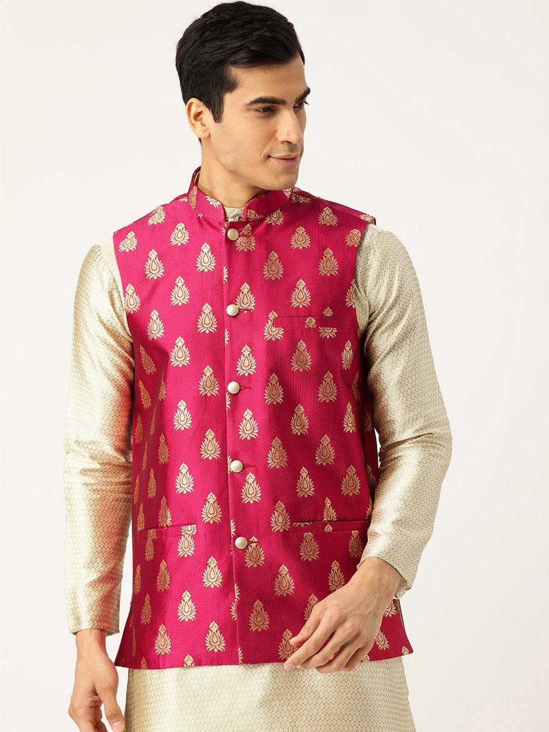 sojanya men magenta & golden woven design nehru jacket