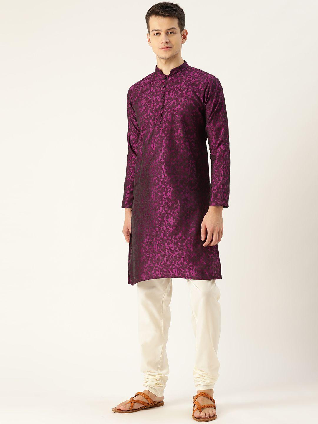 sojanya men magenta & off-white woven design kurta with churidar