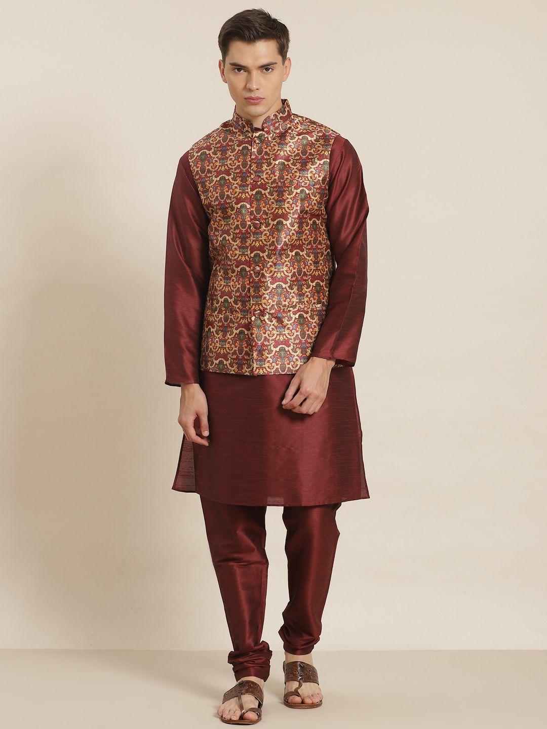sojanya men maroon & beige ethnic motifs print straight kurta with churidar & nehru jacket