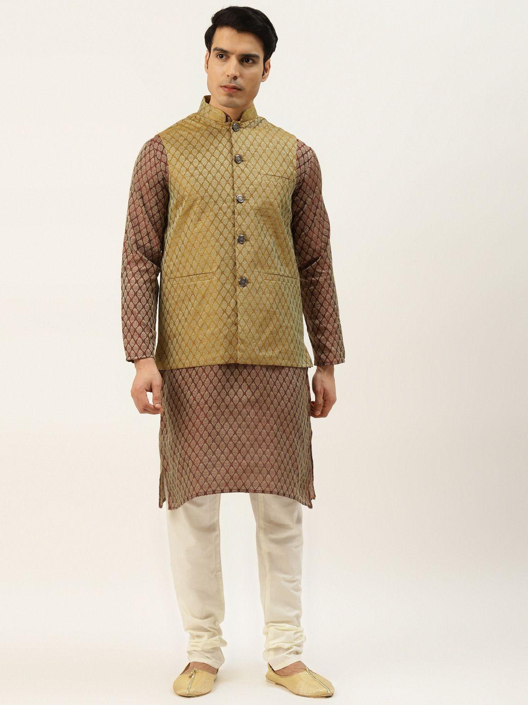sojanya men maroon & beige woven design kurta with churidar & nehru jacket