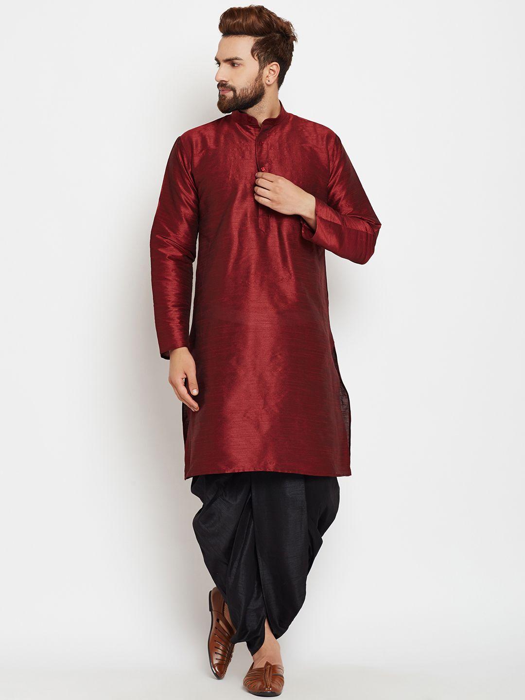 sojanya men maroon & black solid kurta with dhoti pants